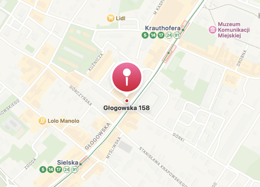 Mapa dojazdu do YOXO, gabinetu tlenoterapii hiperbarycznej w Poznaniu przy ul. Głogowskiej 158